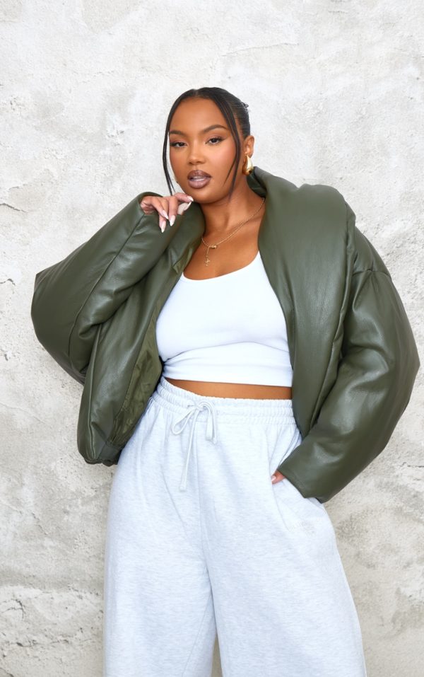 Plus Dark Khaki Exaggerated Collar PU Cropped Puffer Coat