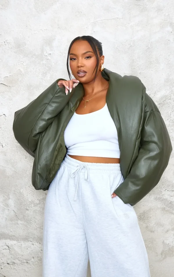 Plus Dark Khaki Exaggerated Collar PU Cropped Puffer Coat