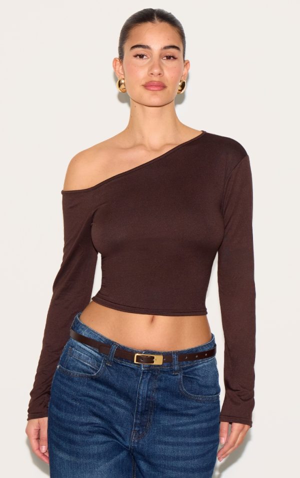 Chocolate Cotton Asymmetric Fitted Long Sleeve Top