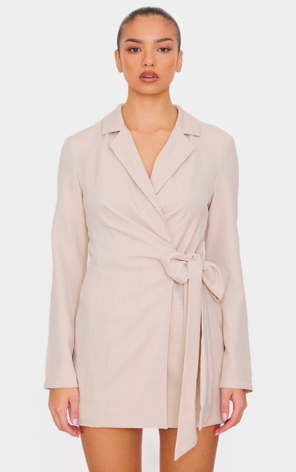 Cream Woven Tie Wrap Blazer Dress