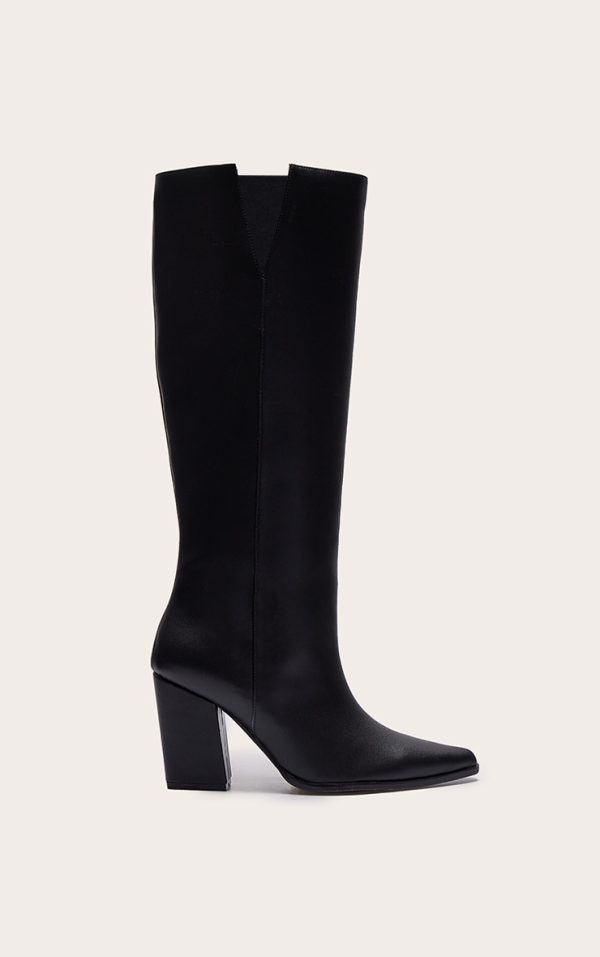 Black PU Point Toe Block Heeled Knee High Boot