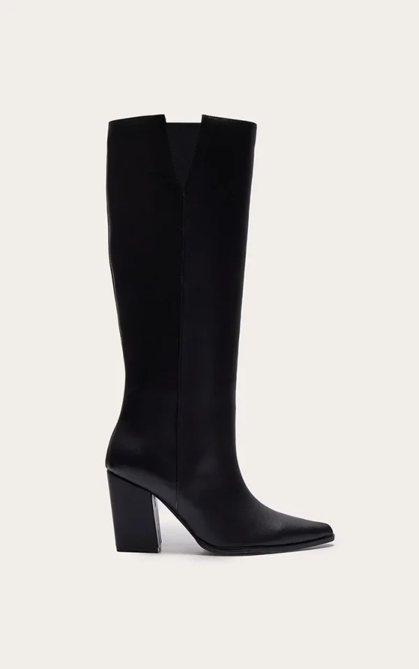 Black PU Point Toe Block Heeled Knee High Boot