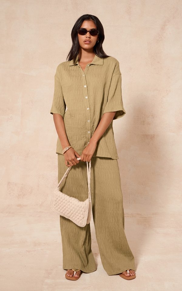 Chartreuse Textured Woven Drawstring Wide Leg Pant