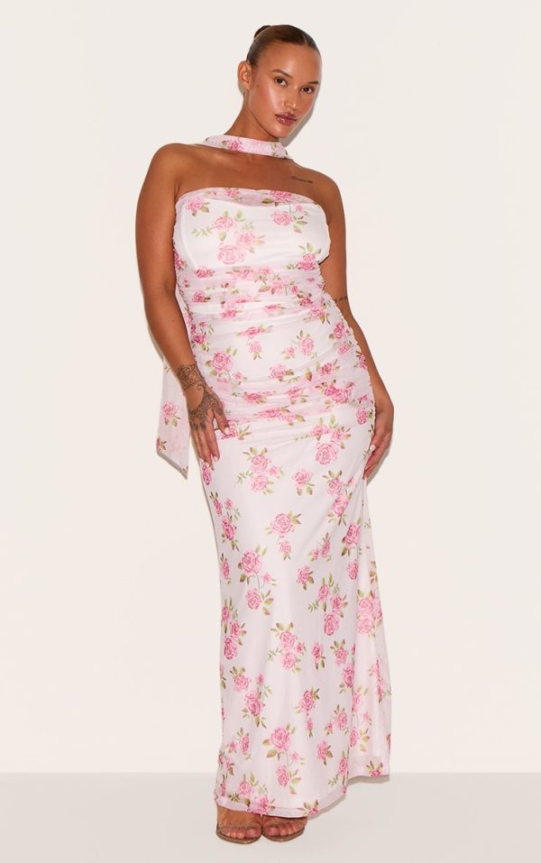 Plus Pink Floral Scarf Detail Ruched Maxi Dress