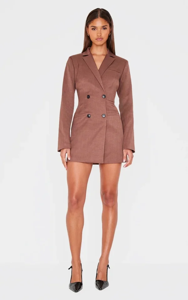 Chocolate Tailored Long Sleeve Cinched Waist Blazer Dress