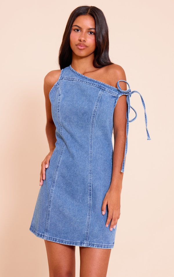 Petite Washed Blue Asymmetric Mini Dress