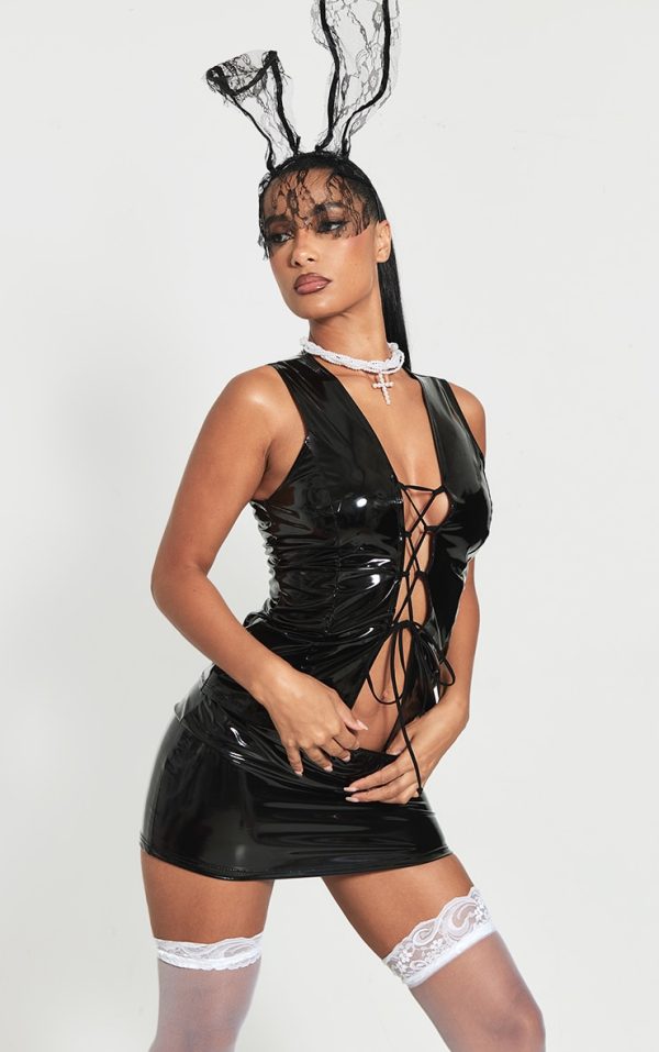 Black Vinyl Plunge Lace Up Sleeveless Long Top