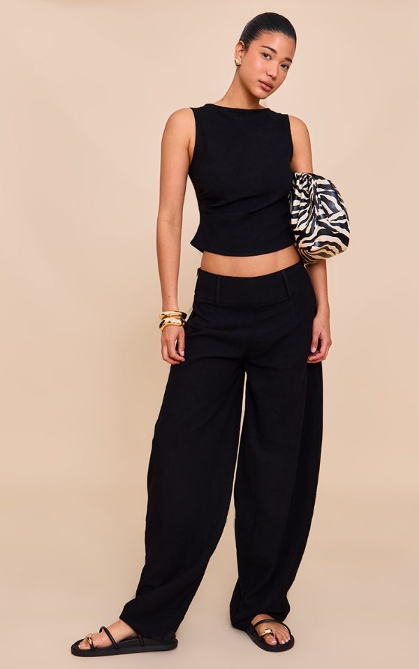 Black Mid Rise Barrel Tailored Pants