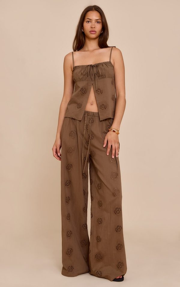 Brown Broderie Swirl Detail Straight Leg Pants