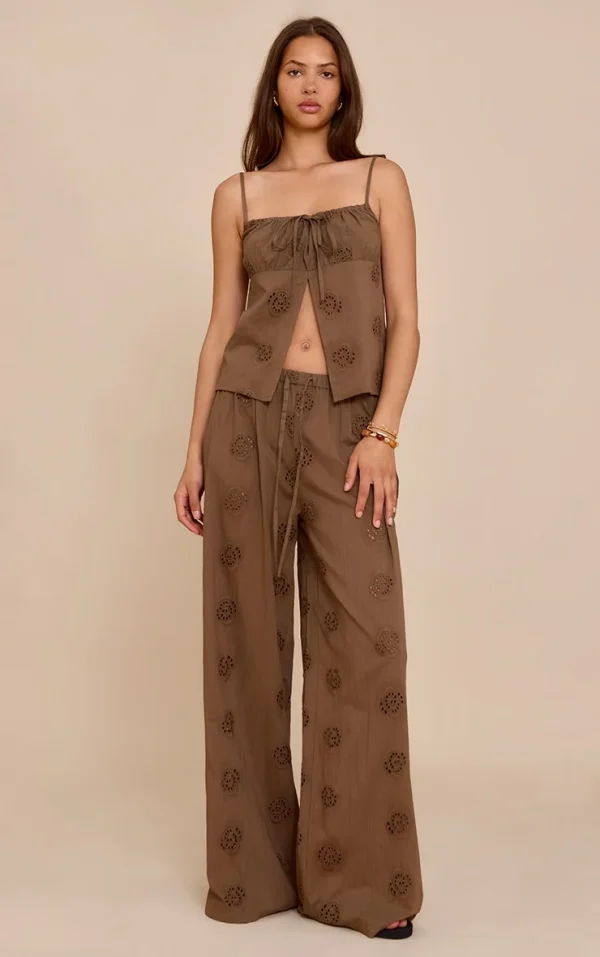 Brown Broderie Swirl Detail Straight Leg Pants