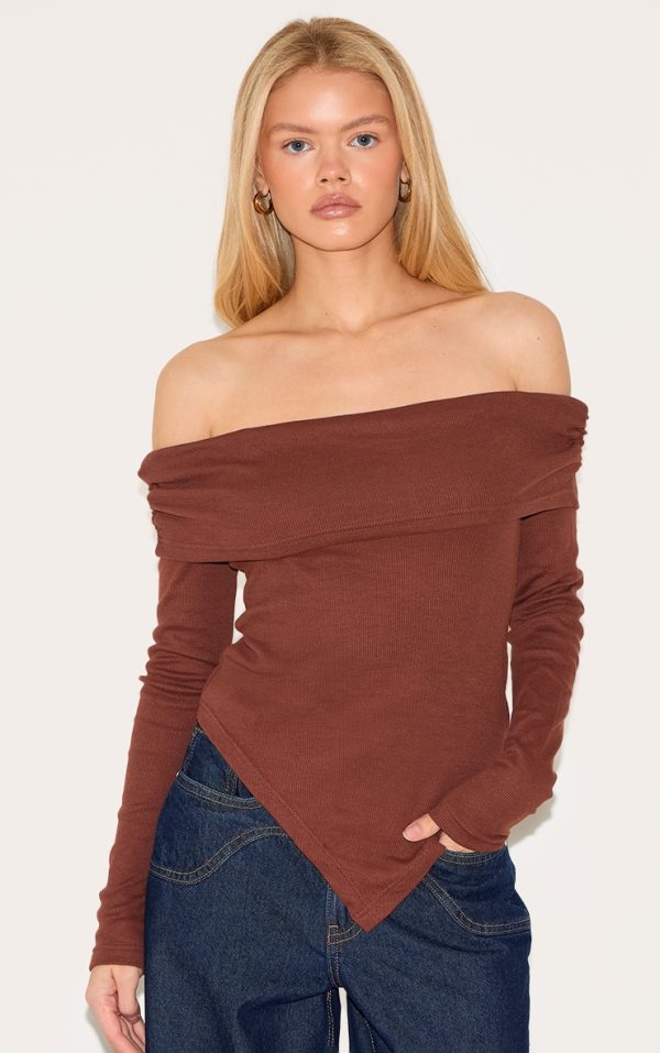 Chocolate Fold Over Bardot Dipped Hem Long Top