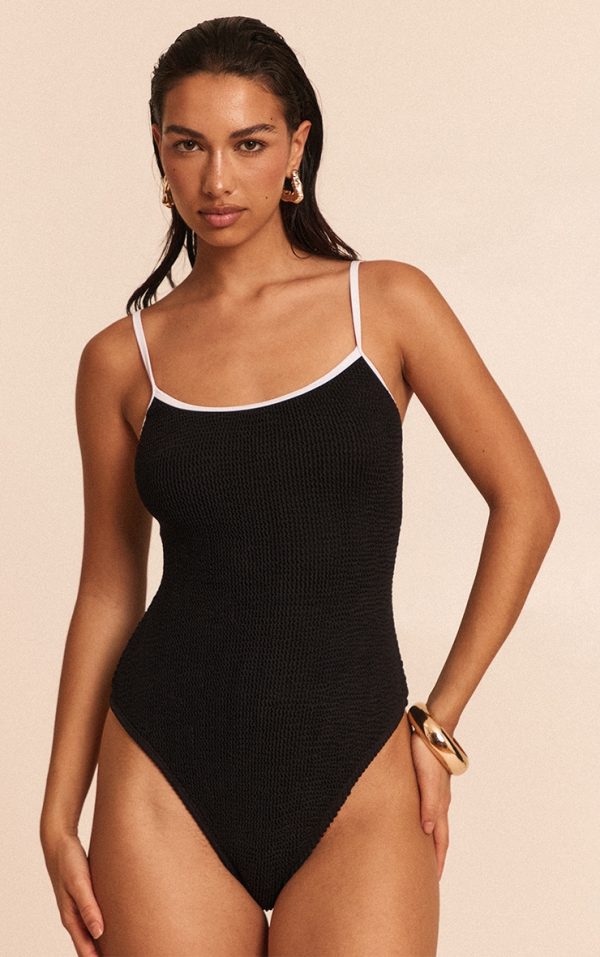 Black Crinkle Contrast Binding Strappy Swimsuit