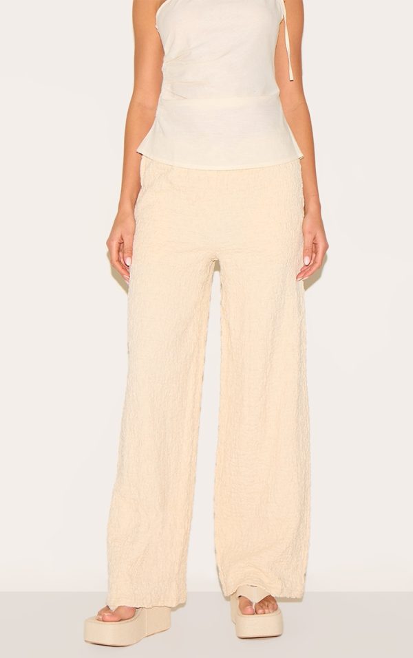 Cream Textured Jersey Drawstring Waist Wide Leg Pants