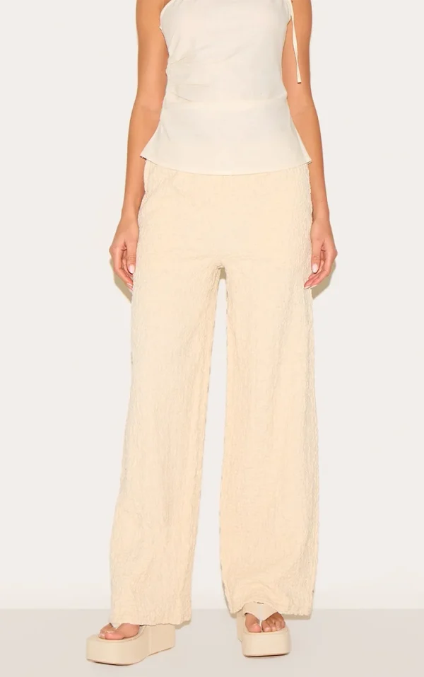Cream Textured Jersey Drawstring Waist Wide Leg Pants