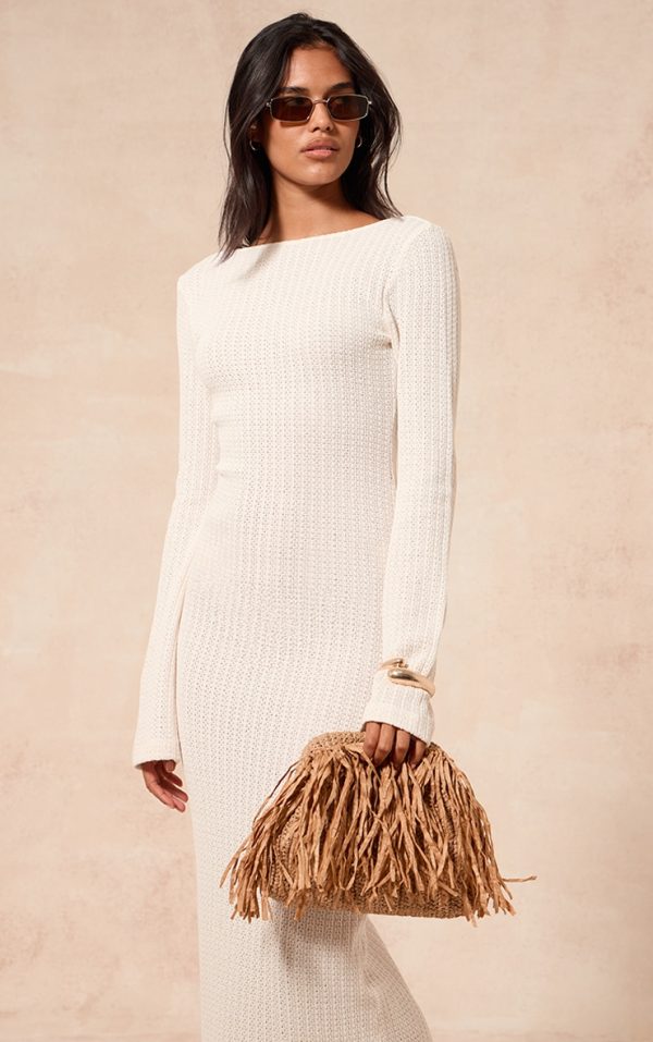 Cream Textured Boat Neck Backless Long Sleeve Maxi Dress