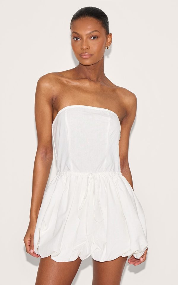 White Linen Bandeau Tie Waist Puffball Dress