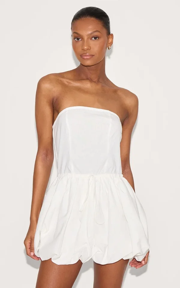 White Linen Bandeau Tie Waist Puffball Dress