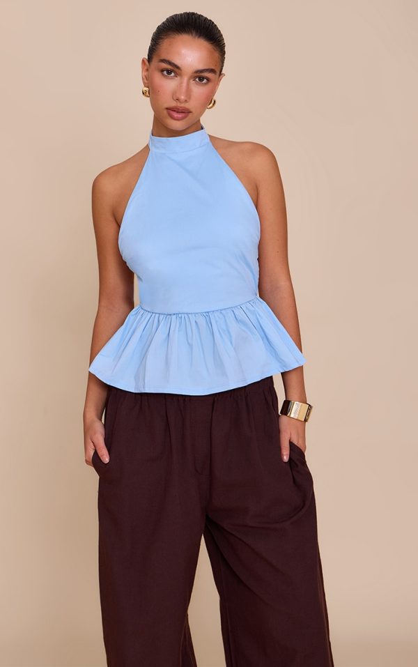 Blue Cotton Highneck Backless Long Top
