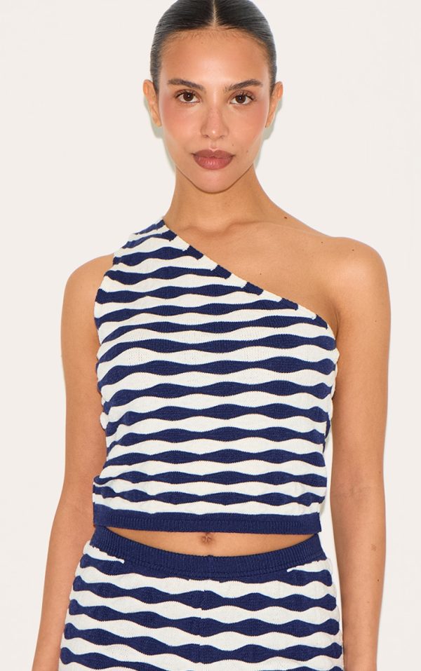Petite Navy Knitted One Shoulder Striped Long Fitted Top