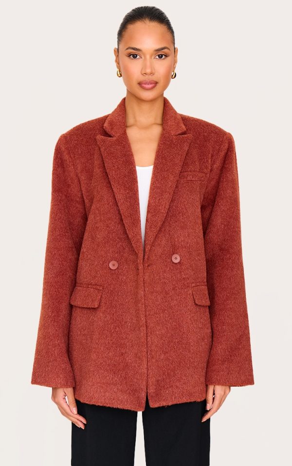 Burnt Orange Oversized Textured Wool Look Blazer