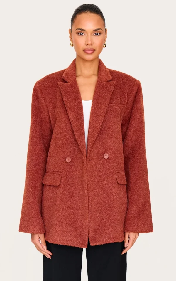Burnt Orange Oversized Textured Wool Look Blazer