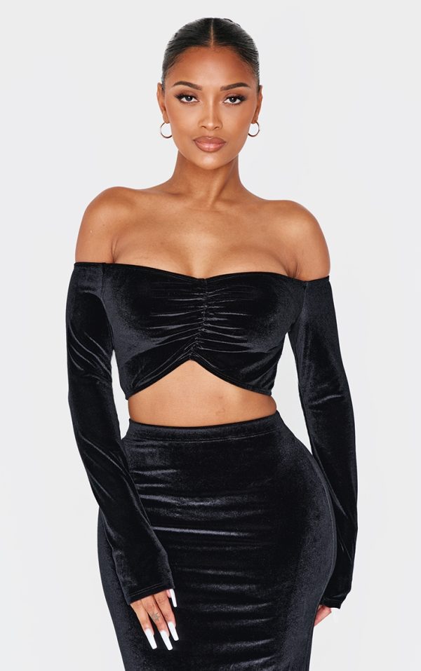 Shape Black Velour Bardot Ruched Sleeve Crop Top