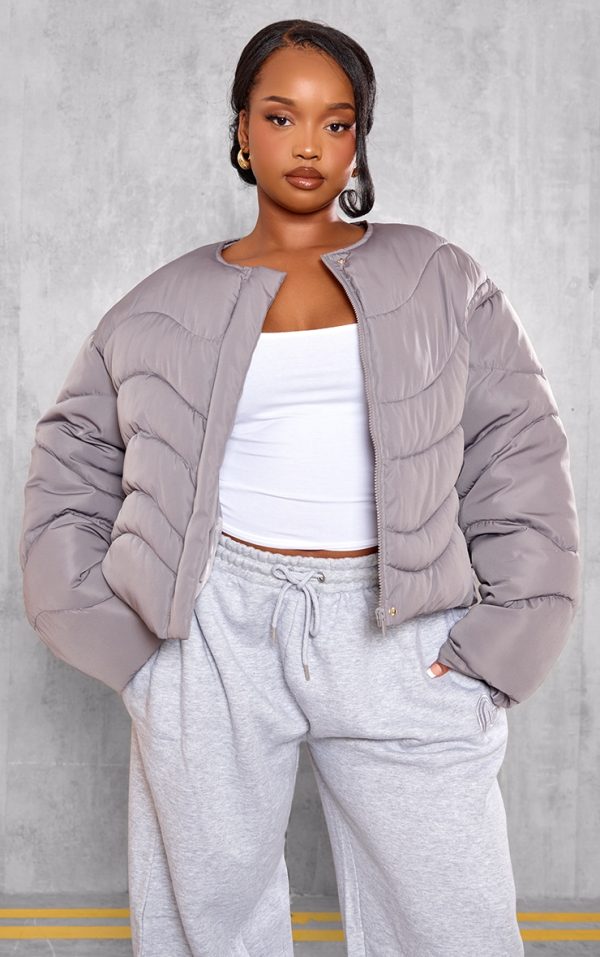 Plus Charcoal Grey Cropped Round Neck Puffer Jacket