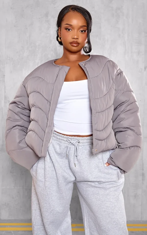 Plus Charcoal Grey Cropped Round Neck Puffer Jacket
