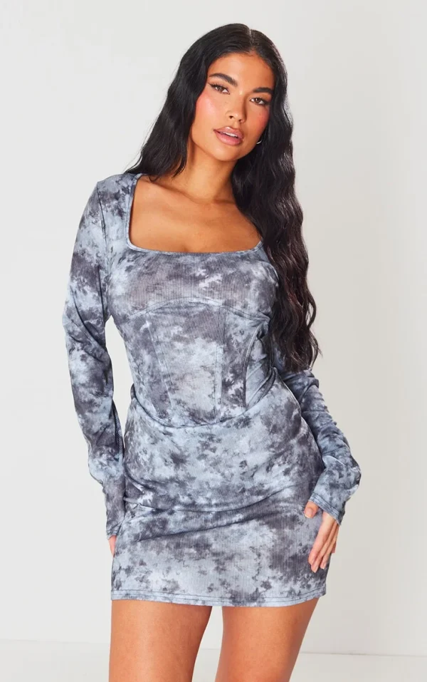 Grey Abstract Rib Corset Seam Square Neck Mini Bodycon Dress
