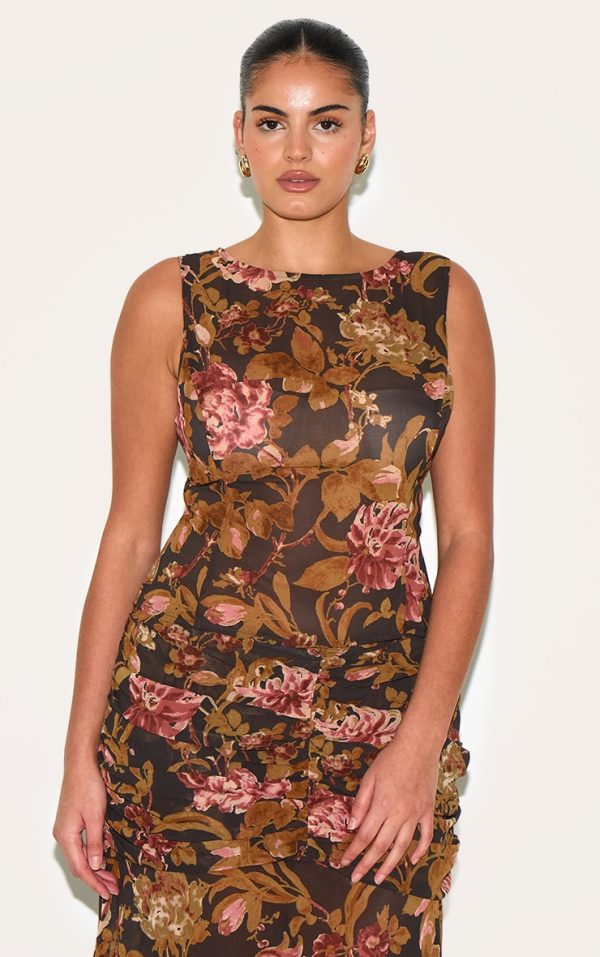 Plus Black Floral Printed Chiffon Boatneck Crop Top