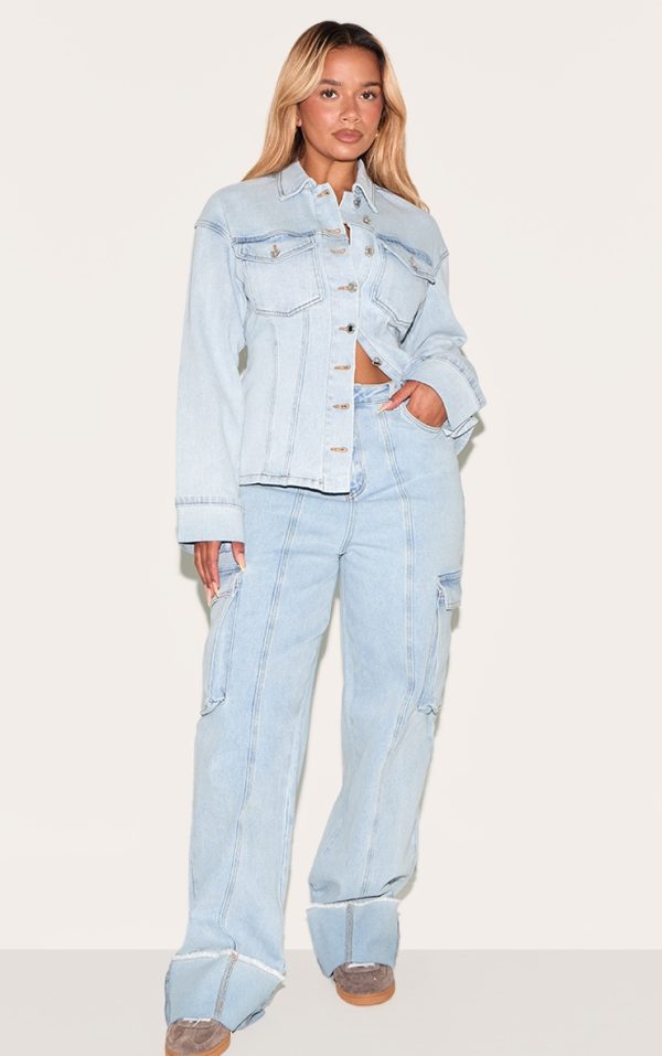 Shape Light Blue Stretch Denim Highwaisted Turn Up Hem Cargo Jeans