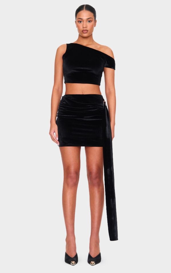 Tall Black Velvet Buckle Detail Mini Skirt