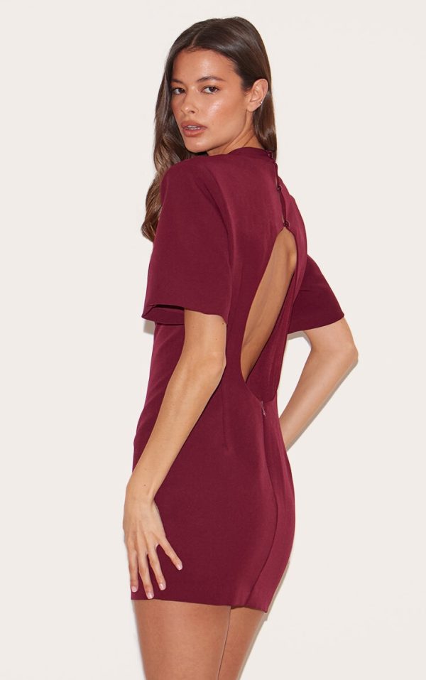 Wine Woven Cinched Backless Mini Dress
