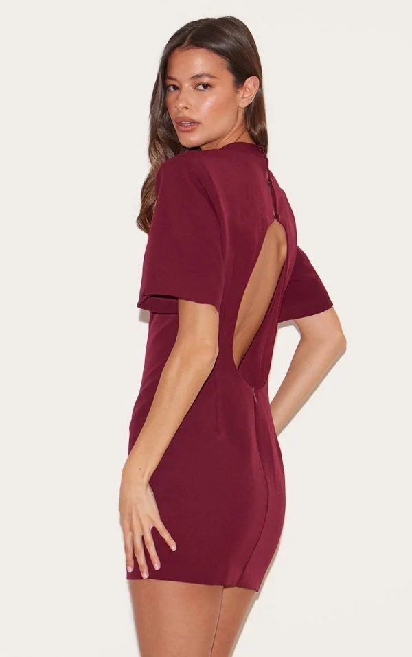Wine Woven Cinched Backless Mini Dress