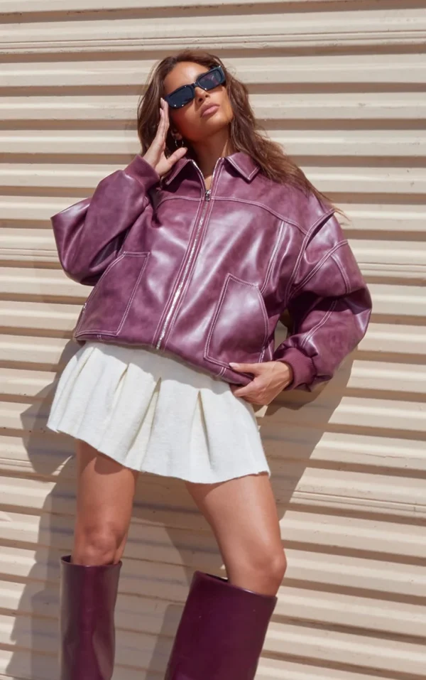 Burgundy Distressed Faux Leather Oversized Longline Bomber Jacket