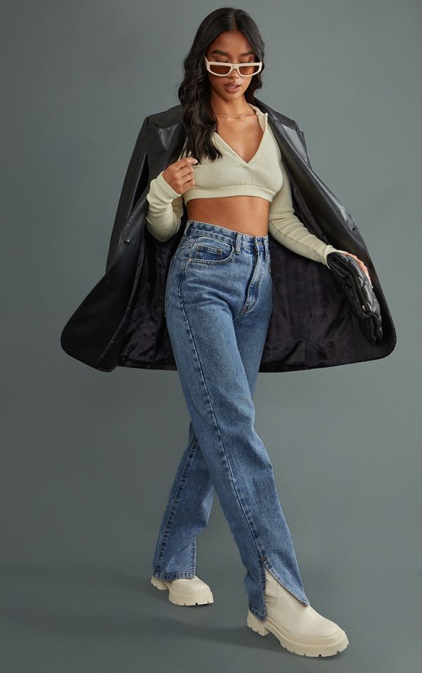 Petite Mid Blue Wash Split Hem Jeans