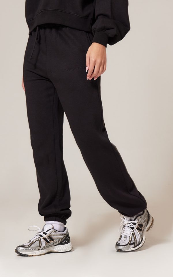 PRETTYLITTLETHING Black Oversized Embroidered Cuffed Sweatpants