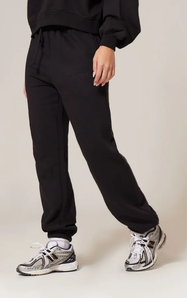 PRETTYLITTLETHING Black Oversized Embroidered Cuffed Sweatpants