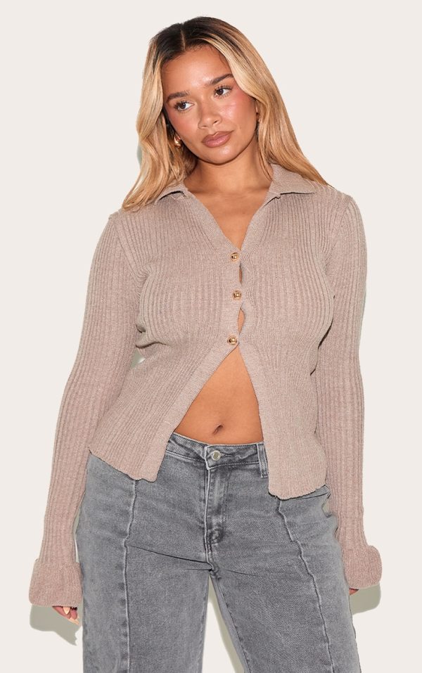 Shape Mocha Knitted Rib Button Front Split Hem Cardigan