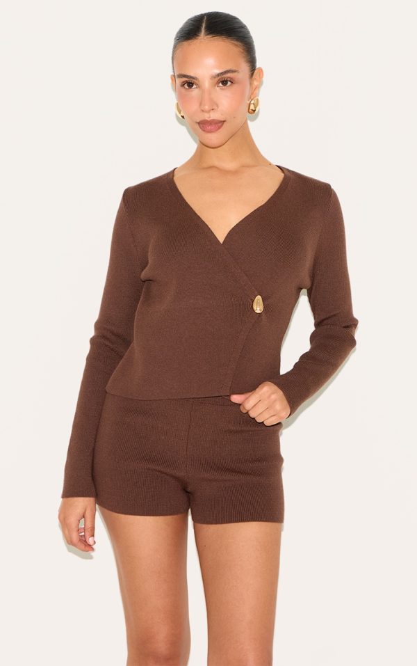 Petite Chocolate Asymmetric Compact Knit Cardigan