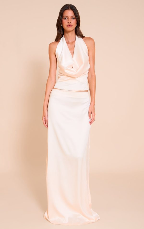 Champagne Satin Floaty Mid Rise Maxi Skirt