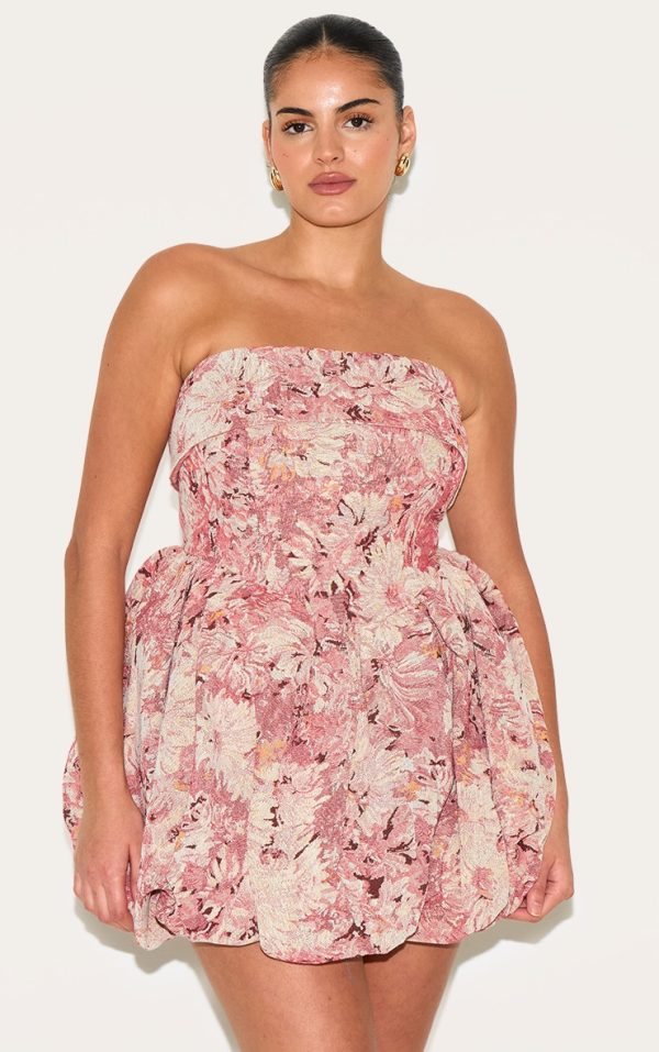Plus Pink Floral Tapestry Bandeau Extreme Puffball Dress