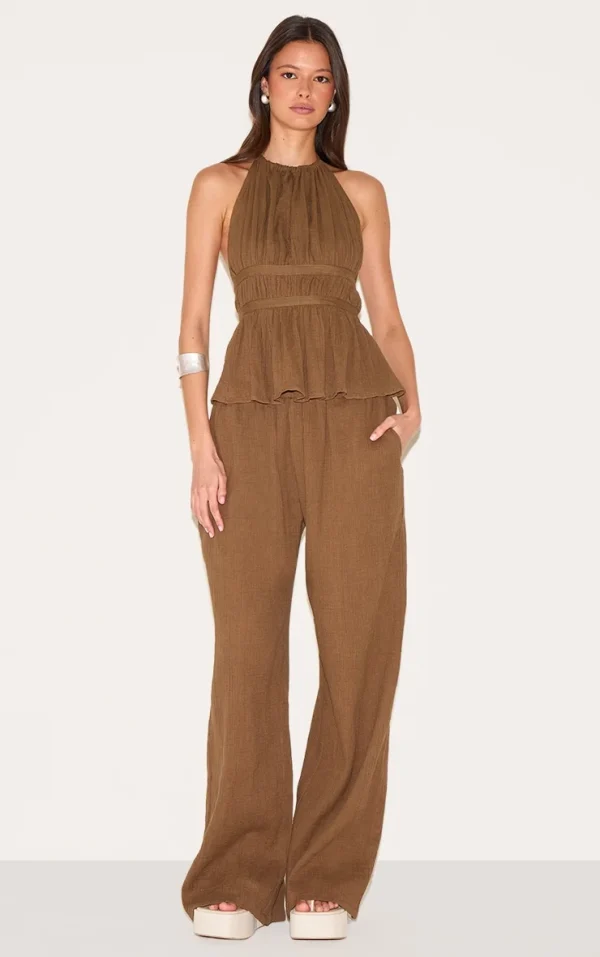 Mushroom Cheesecloth Low Rise Wide Leg Pants