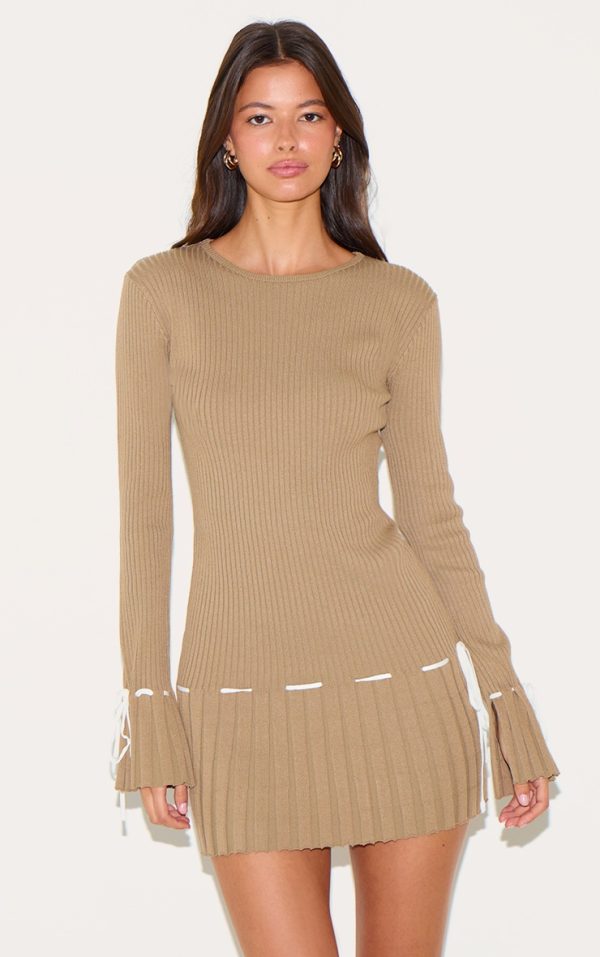 Taupe Rib Knit Pleated Contrast Tie Detail Long Sleeve Mini Dress