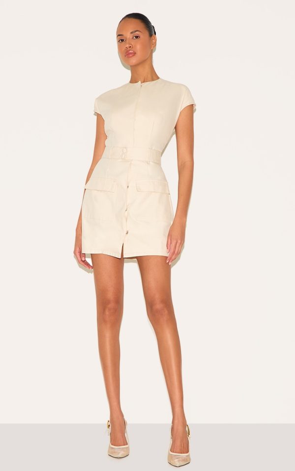 Almond Woven Utility Pocket Detail Mini Dress