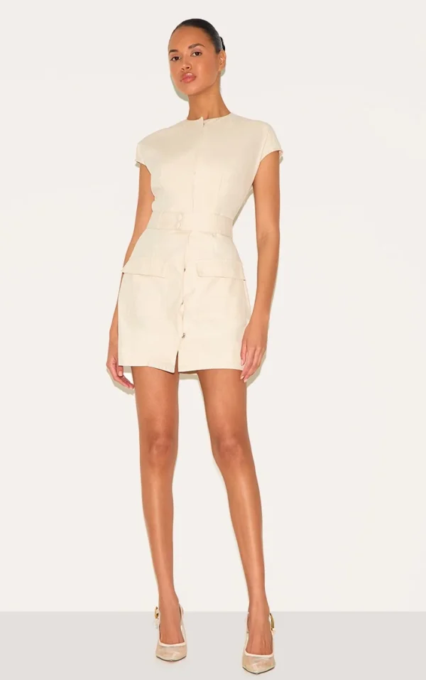 Almond Woven Utility Pocket Detail Mini Dress