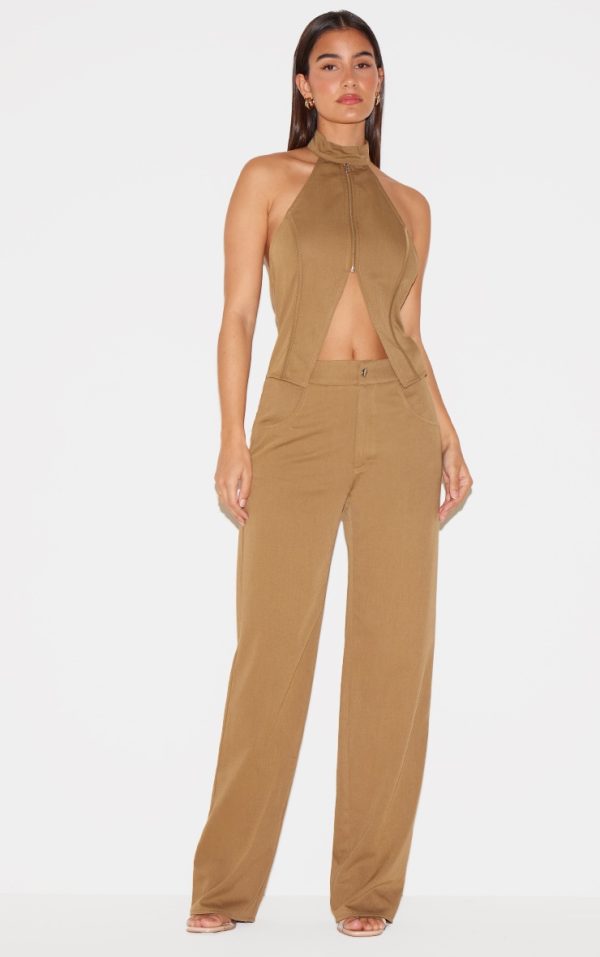 Khaki Woven High Neck Zip Detail Straight Leg Jumpsuit