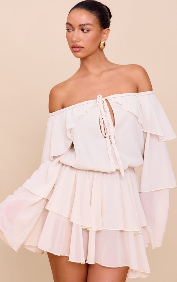 Cream Chiffon Ruffle Detail Long Sleeve Romper