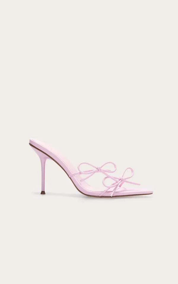 Pink Wide Fit Pu Point Toe Multi Bow High Stiletto Heeled Mules