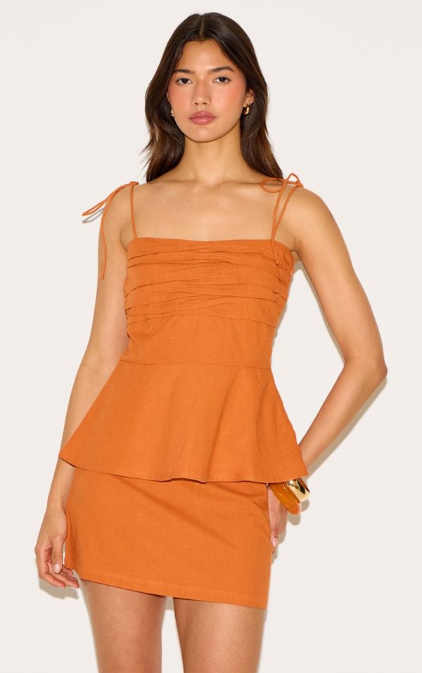 Burnt Orange Linen Look Ruched Bust Top